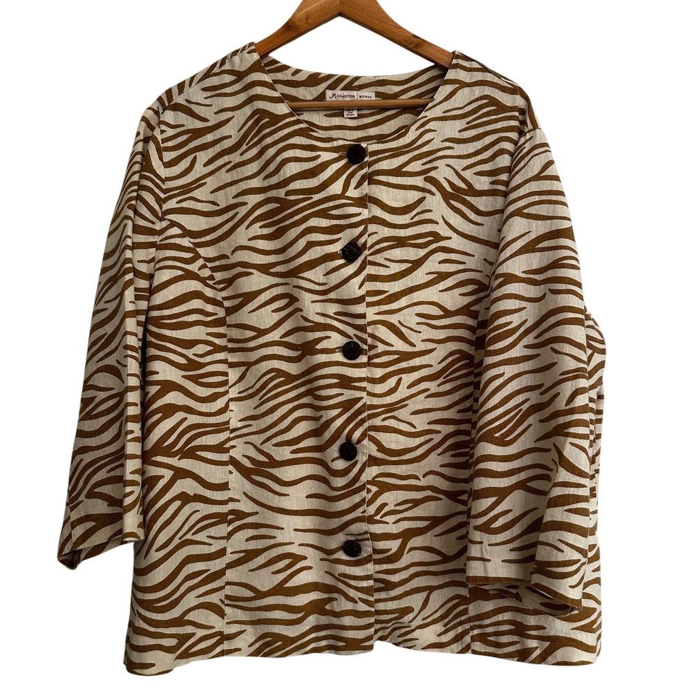 JM Collection Woman 20W 100% Linen Zebra Print Blouse Brown Cream 3/4 Sleeve